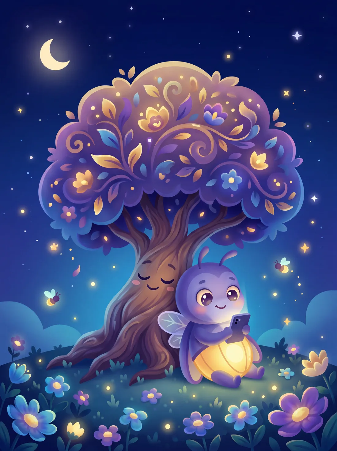 Lucciola the firefly sitting under a blossoming tree